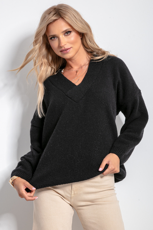 Klasyczny krótki damski wygodny sweter wykonany w 100% z wełny monochromatyczny V-neckline szerokie obszycie wokół